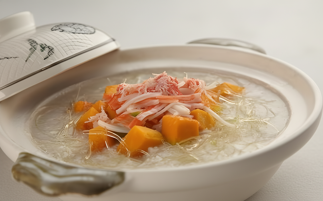 A2. Pumpkin Congee with Rock Crab Meat and Imitation Fin Congee (S)