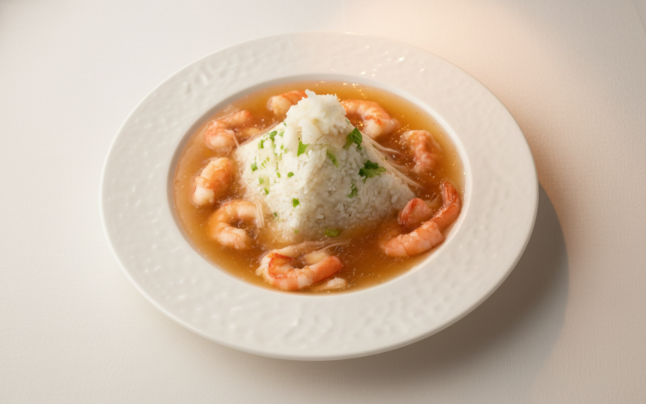 CQ1. Crab Meat and Imitation Fin with Conpoy Rice in Chicken Broth