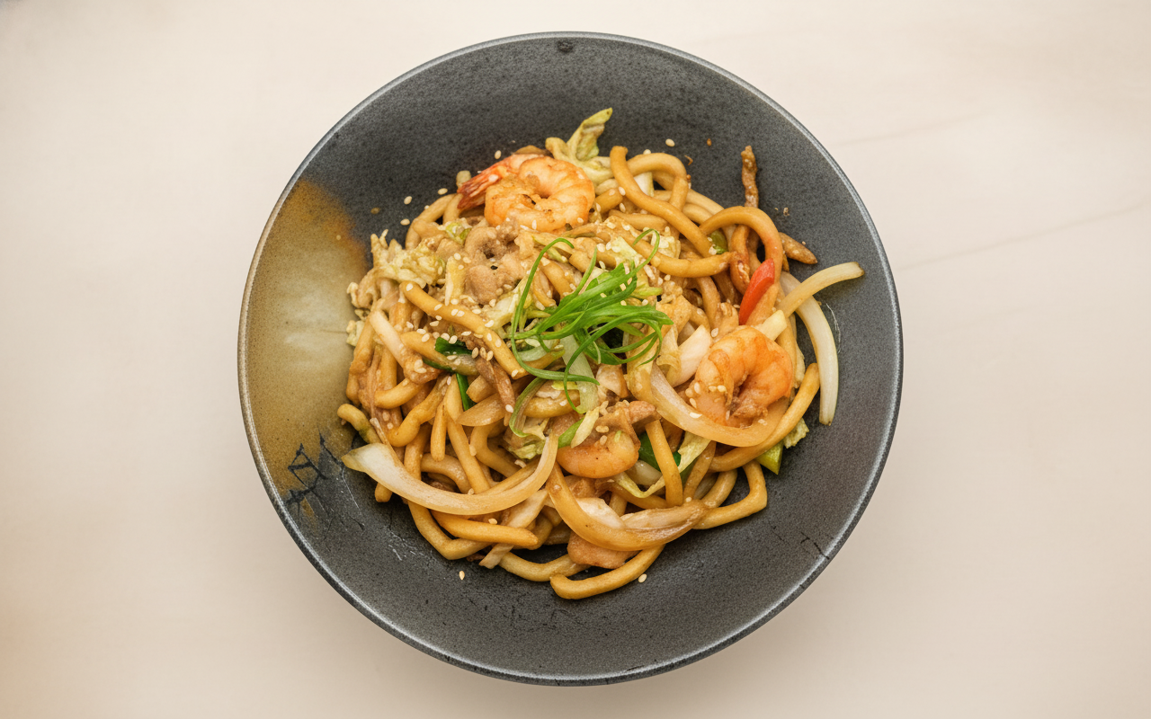 E26. Fried Thick Noodle with Shrimp and Shredded Pork in Shanghai Style