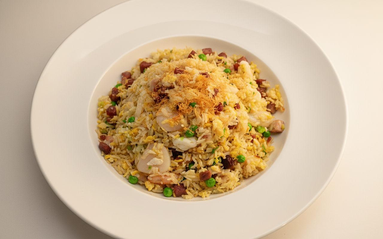 H6. Chef Special Fried Rice with Scallop, Shrimp, BBQ Pork and Preserved Sausage
